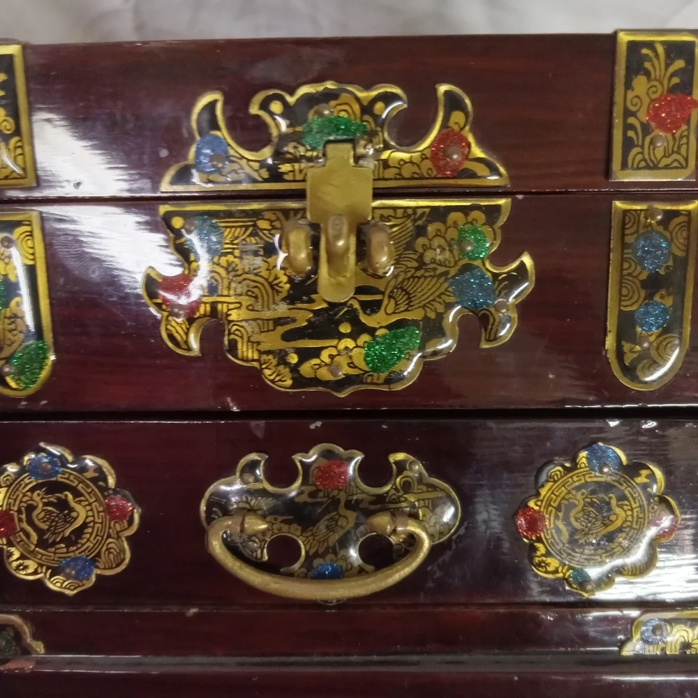 Vintage Asian Style Wooden Jewelry Box with Beveled Mirror